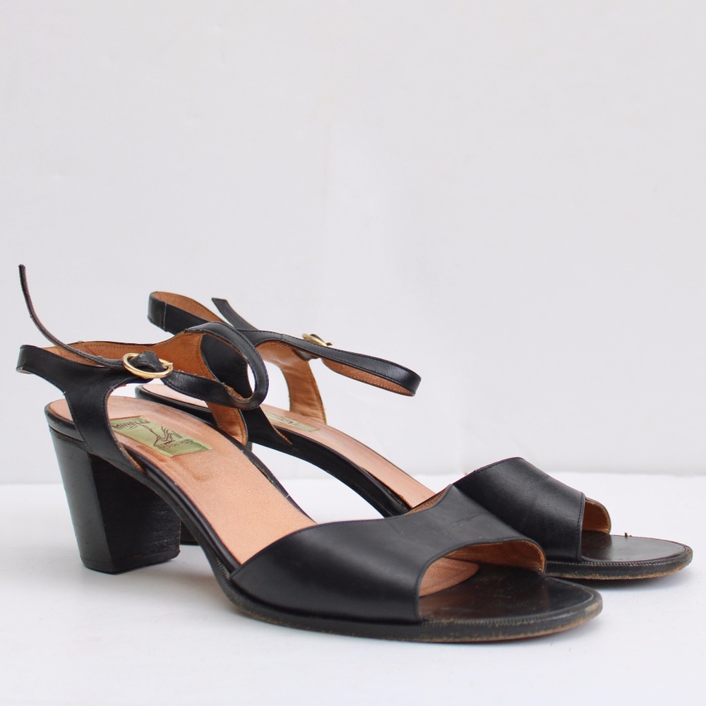 Minelli Black Leather Open-Toe Block Heel Strappy Sandal Size 8.5